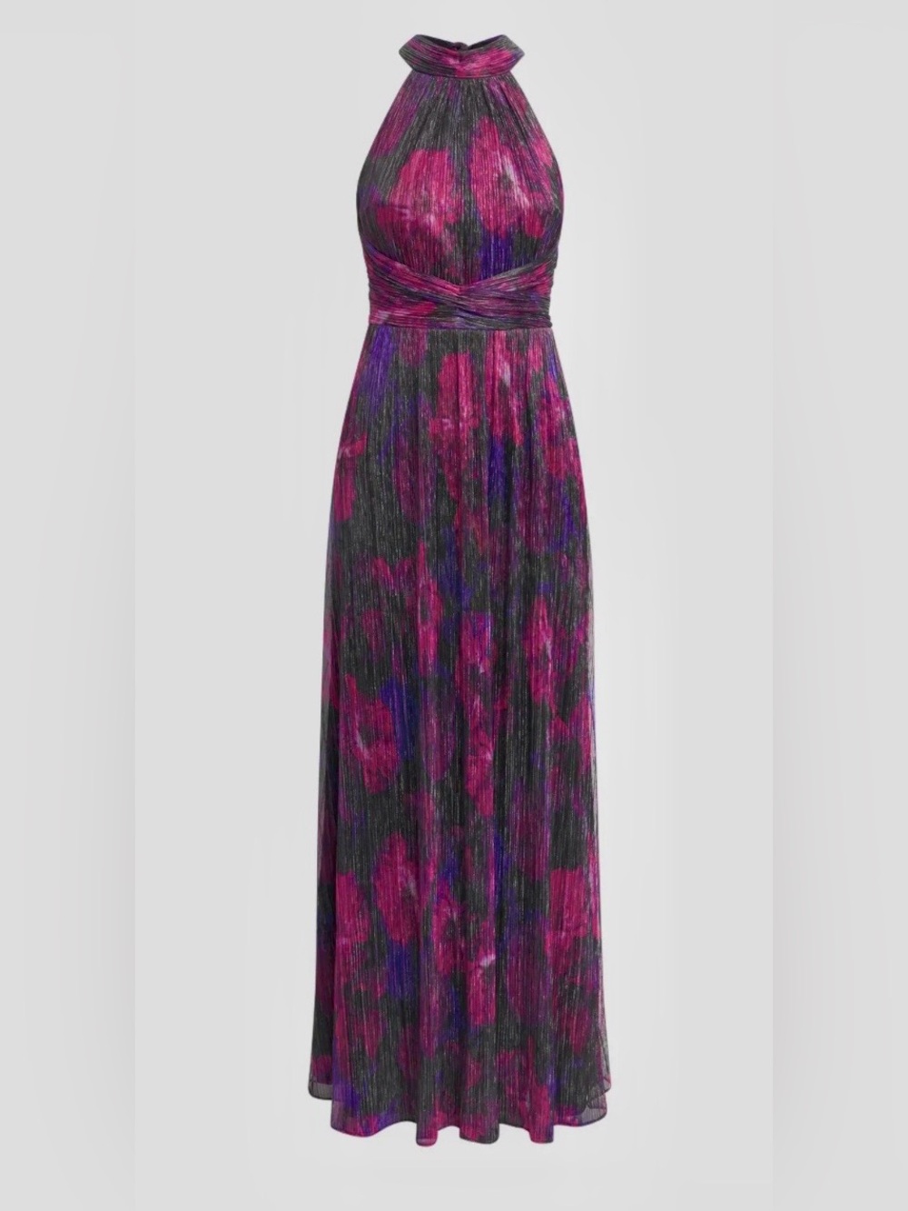 Halter Neck Floral Print Evening Dress in Magenta and Black